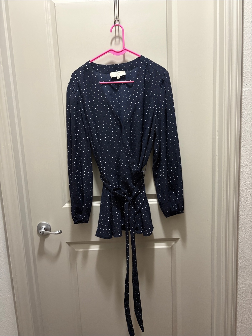 LOFT Navy Polka Dot Wrap Tunic with Self Tie